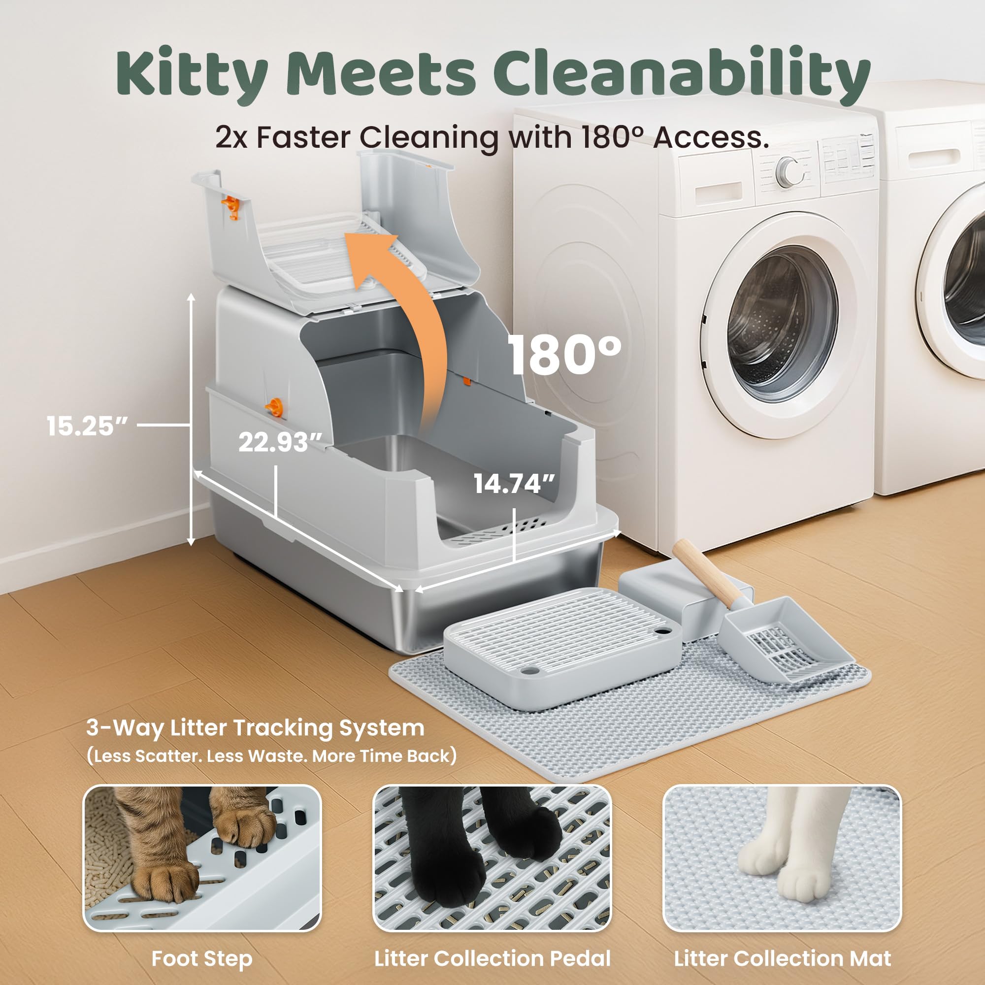 KittyLetto litière acier semi-fermée bas, accès facile pour chats détendus.