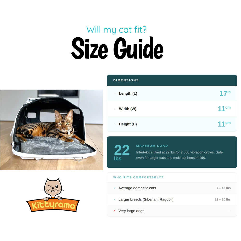 Kittyrama dimensions 17x11x11, espace adapté pour chats jusqu’à 22 lb.