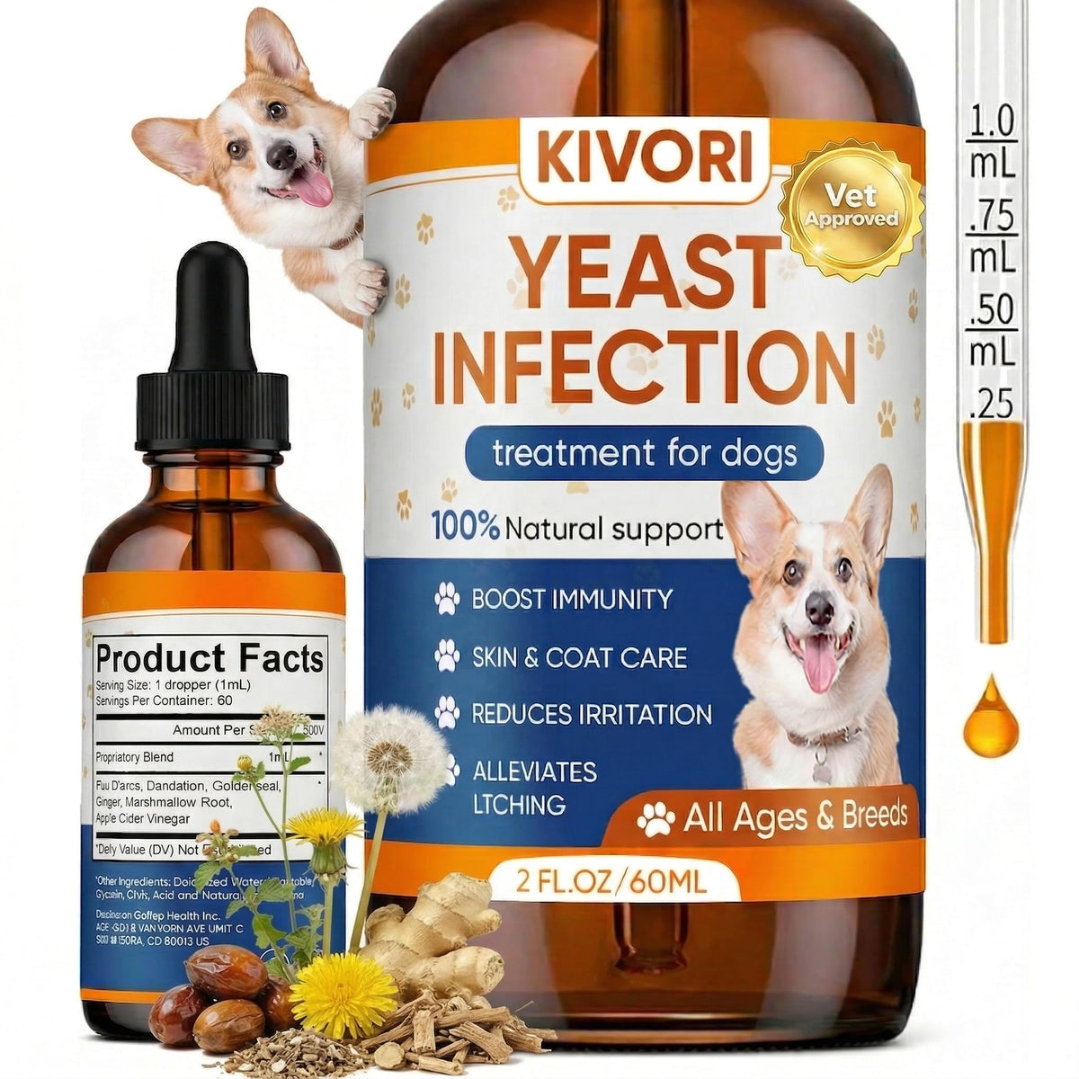 Gouttes KIVORI dans une bouteille, faciles à administrer pour le confort de la peau du chien.