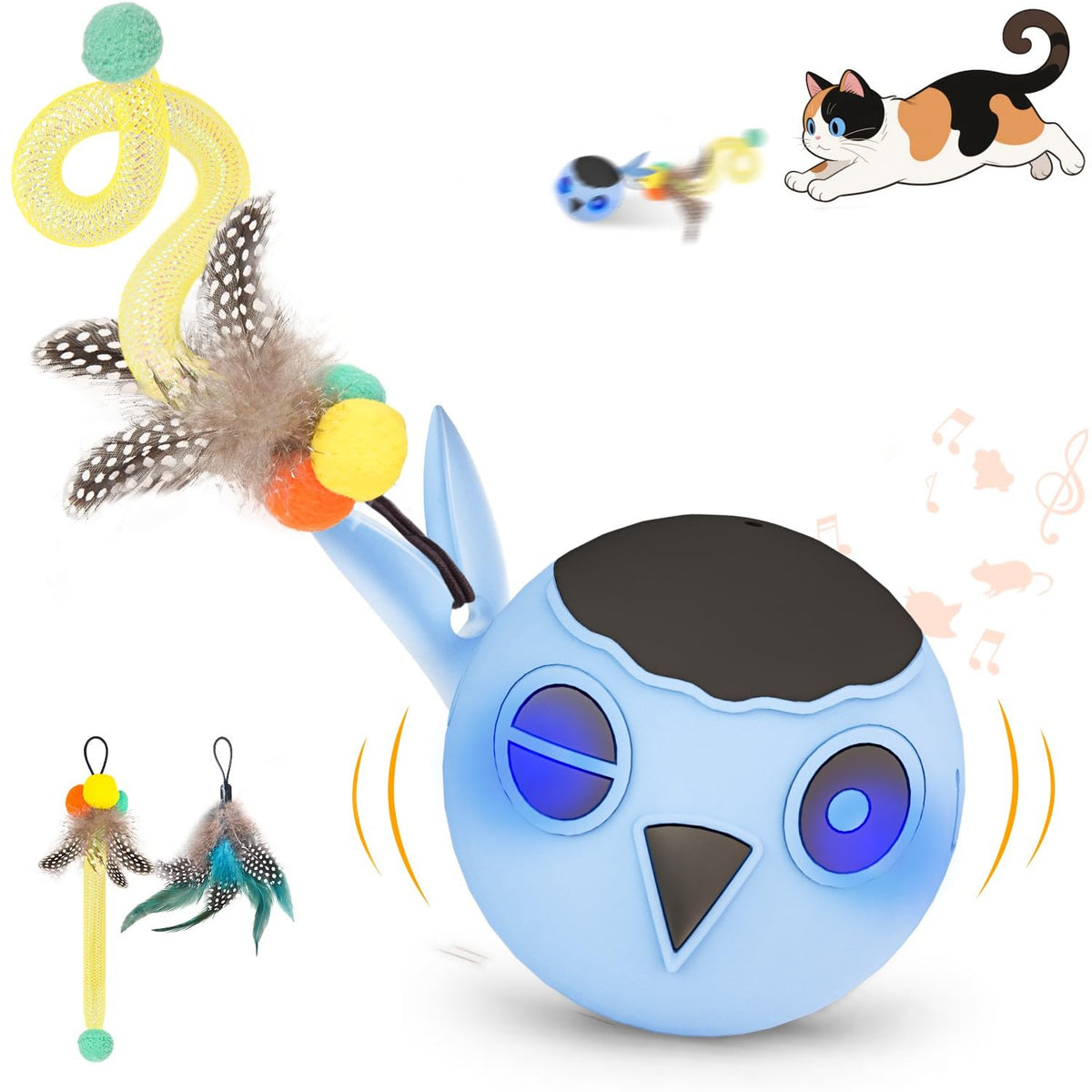 KiwiLove Balle mouvante bleue en action, stimule la chasse chez les chats d'intérieur.