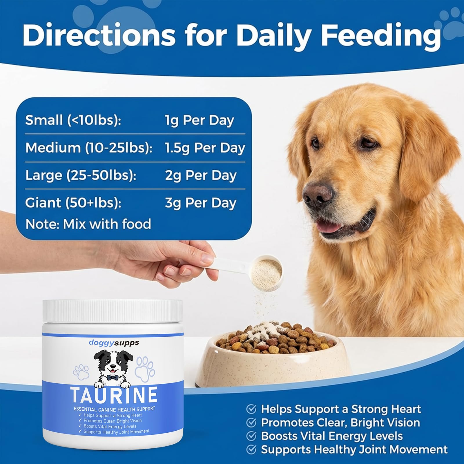 KLUNIZ Doggy Supps Taurine — doseuse intégrée facilitant l'ajout dans le repas.