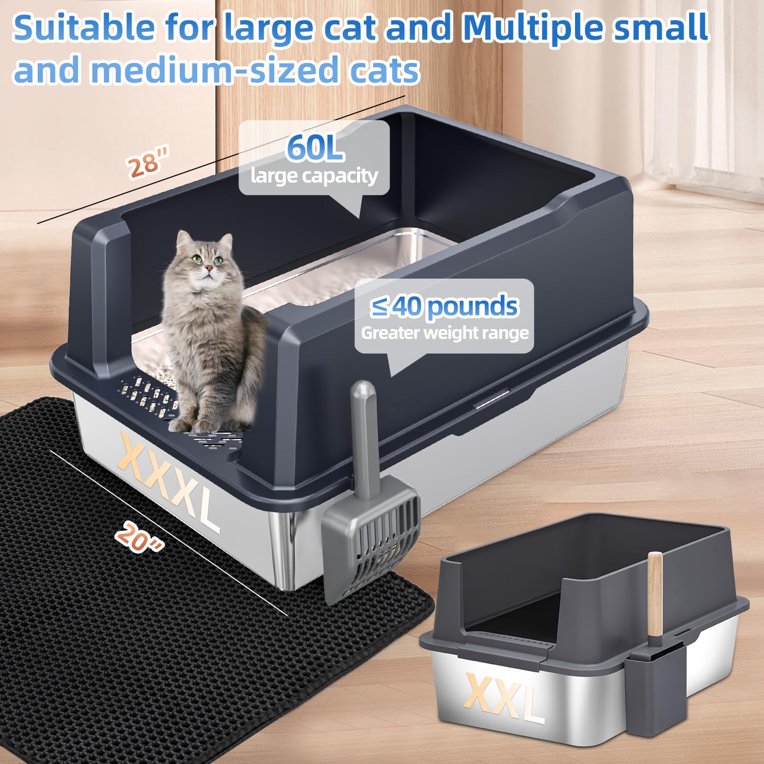 KMNSUN boite-litiere-inox-confort-utilisation grand espace pour chats