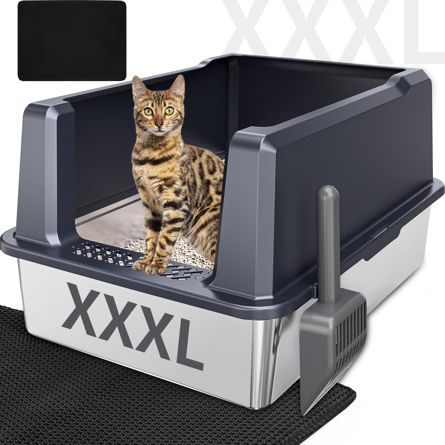 KMNSUN boite-litiere-inox-xxxl-28-20-14 idéale pour grands chats et espaces de toilette