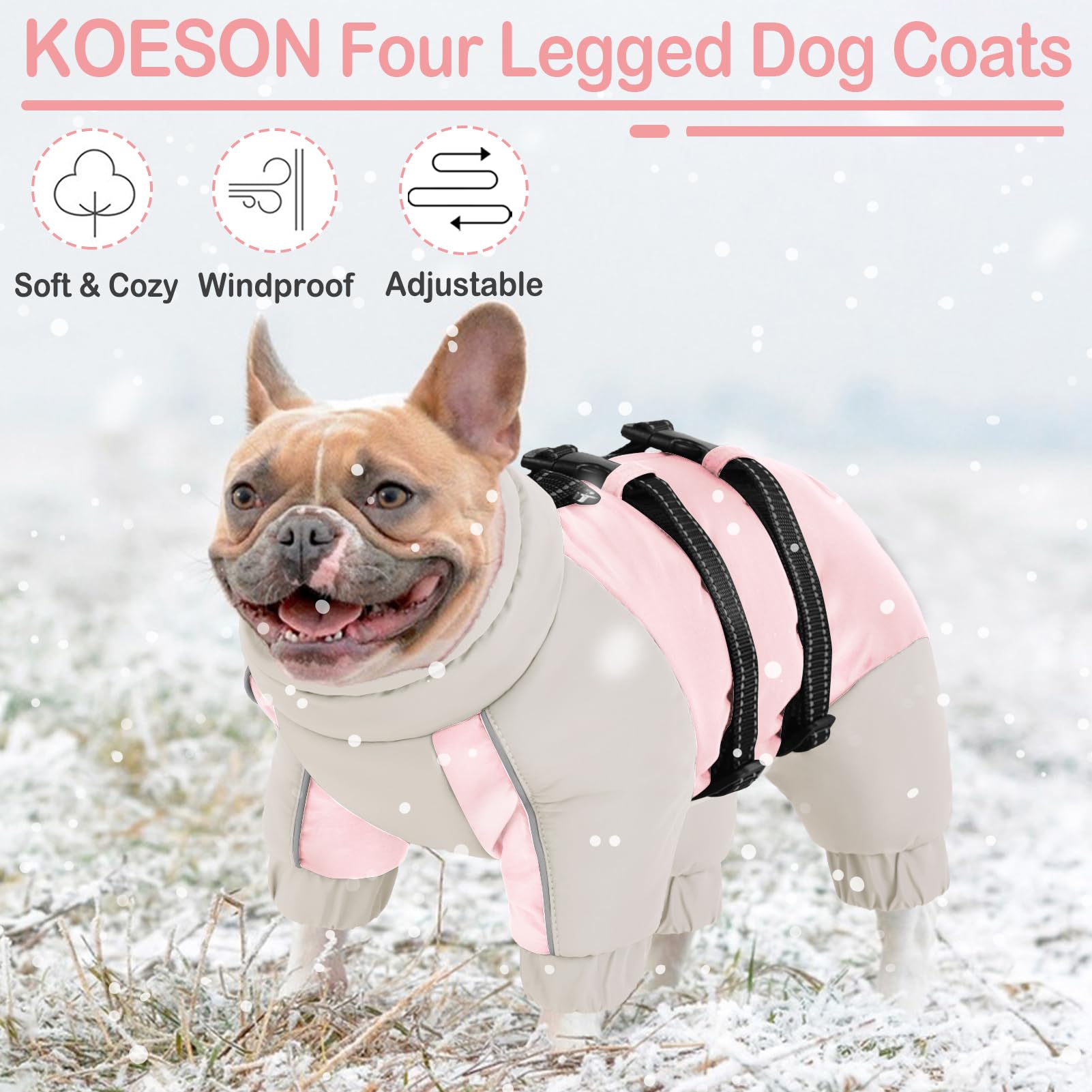 KOESON manteau rose/gris pour chien, protection contre neige et vent.