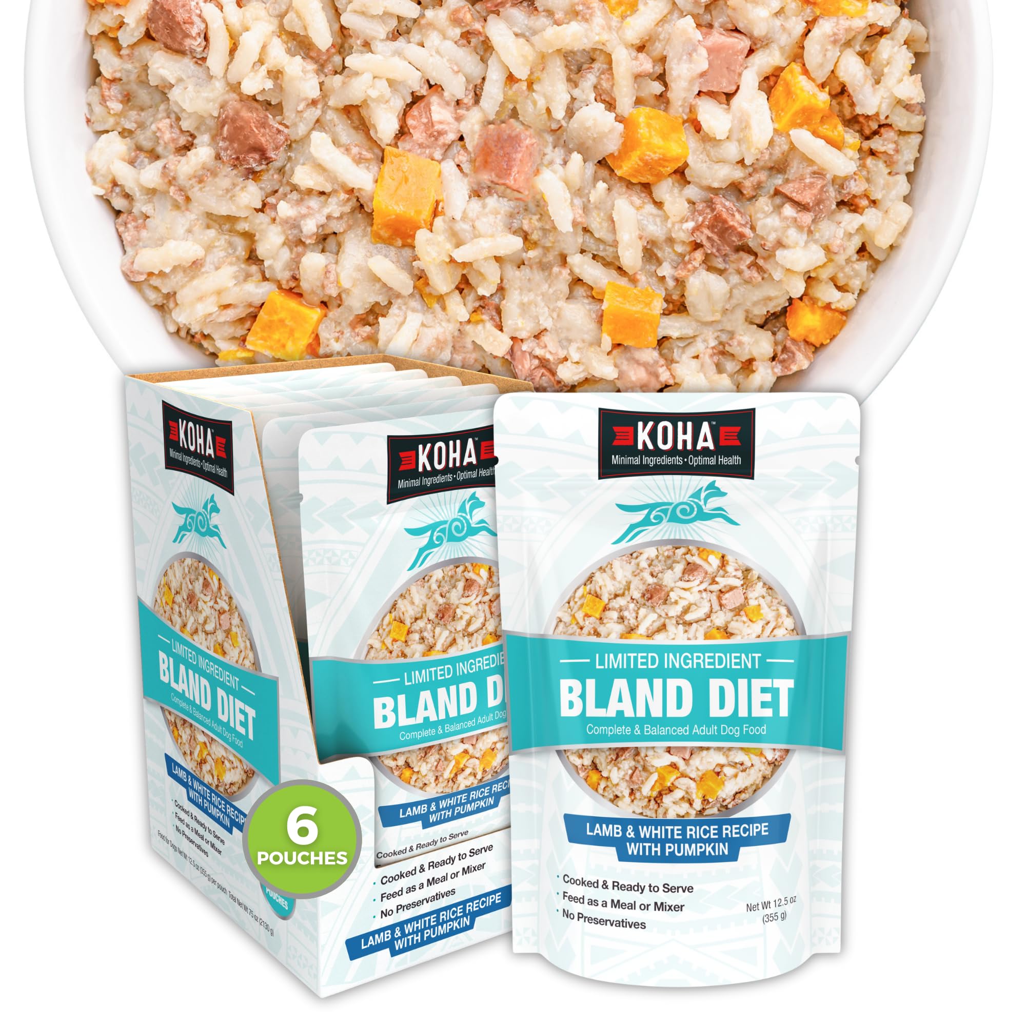 KOHA Alimentation chien emballage agneau et riz blanc, pret a servir.
