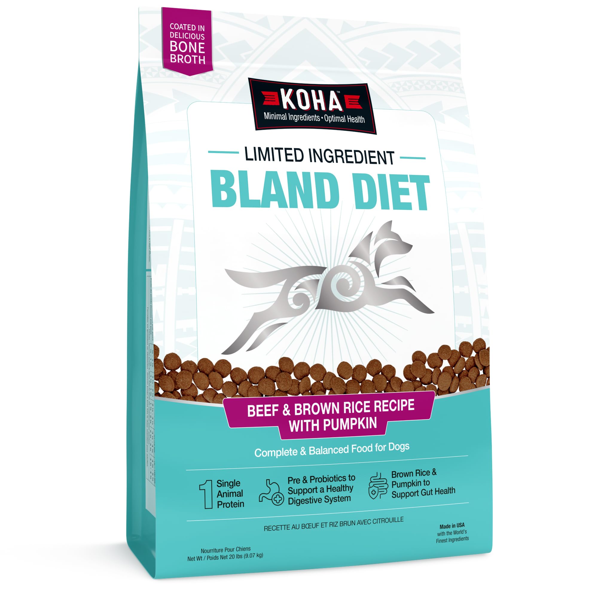 KOHA Bland Diet croquettes pour chien boeuf et riz brun, soutien digestif.