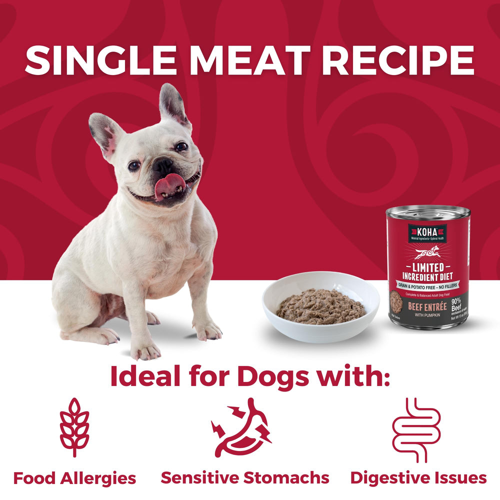 KOHA boeuf entree : étiquette sans céréales et recette simple pour chiens sensibles.