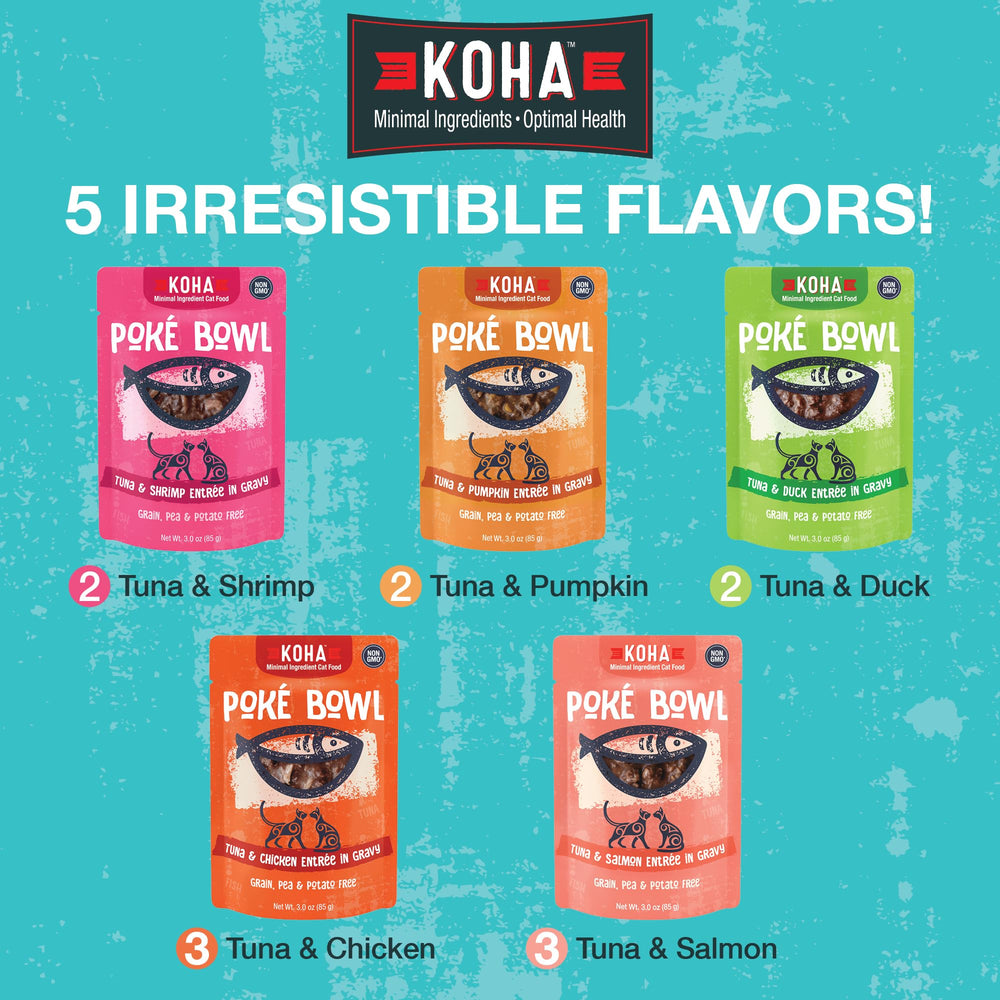 KOHA Poké Bowl chat dégustant thon et canard, repas équilibré.