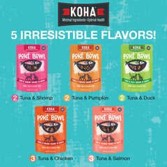 KOHA Poké Bowl chat dégustant thon et canard, repas équilibré.