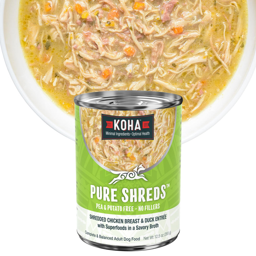 KOHA Pure Shreds : boîte poulet et canard, repas humide apprécié par les chiens sensibles.
