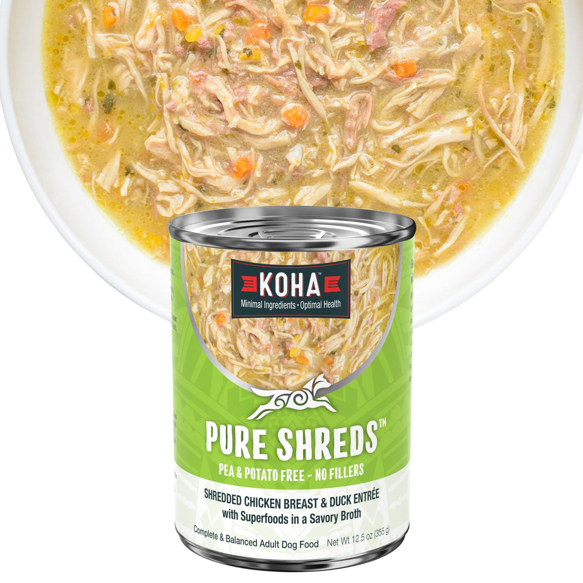 KOHA Pure Shreds : boîte poulet et canard, repas humide apprécié par les chiens sensibles.