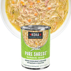 KOHA Pure Shreds : boîte poulet et canard, repas humide apprécié par les chiens sensibles.