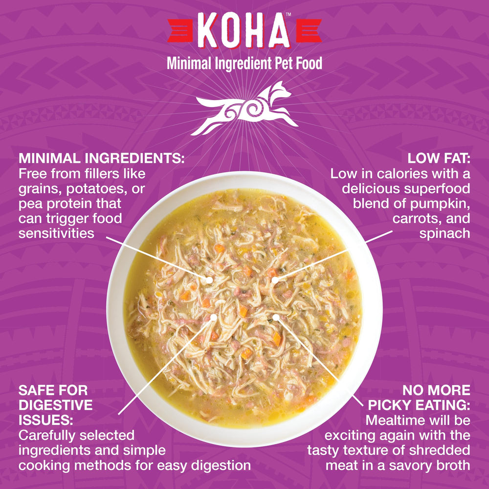 KOHA Pure Shreds dans un bouillon savoureux, repas appétissant pour chiens difficiles.