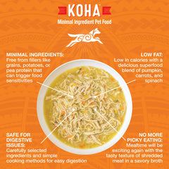 KOHA Pure Shreds bouillon savoureux idéal pour chiens sensibles.