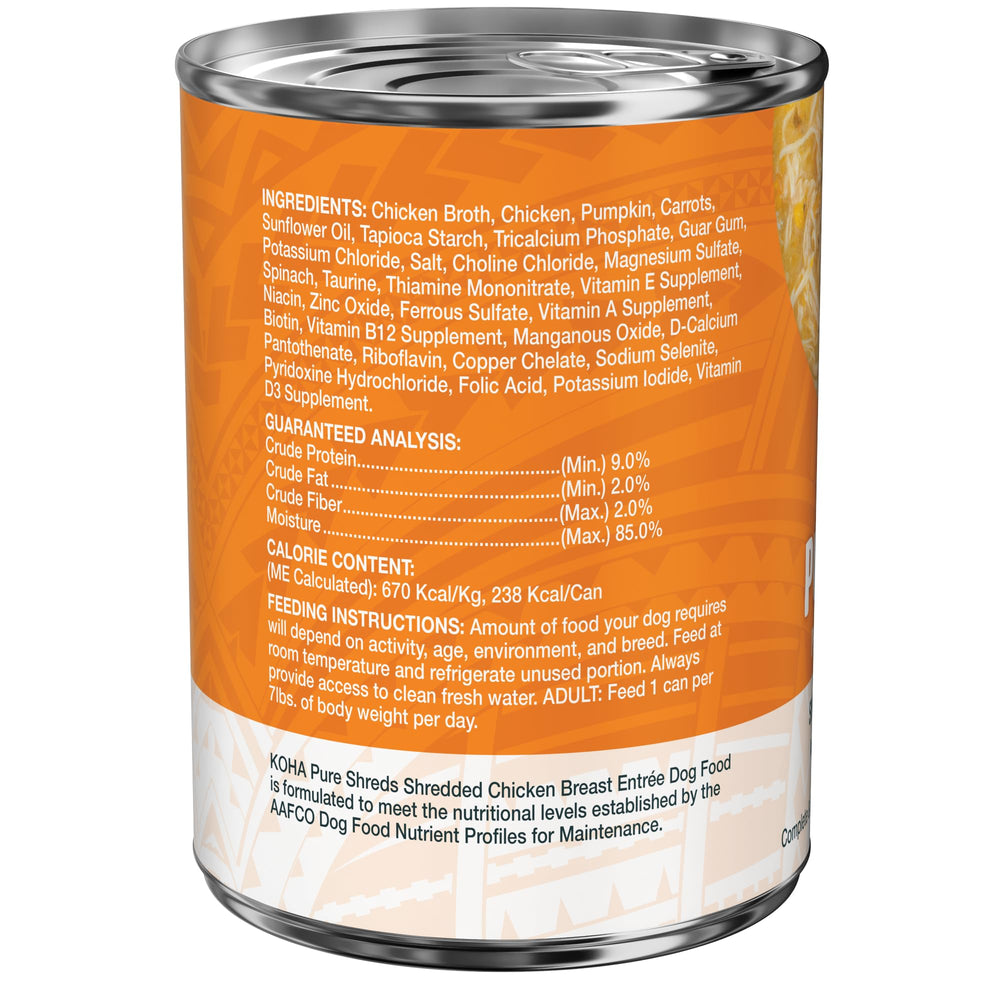 KOHA Pure Shreds texture émiettée de poulet dans un bouillon savoureux.
