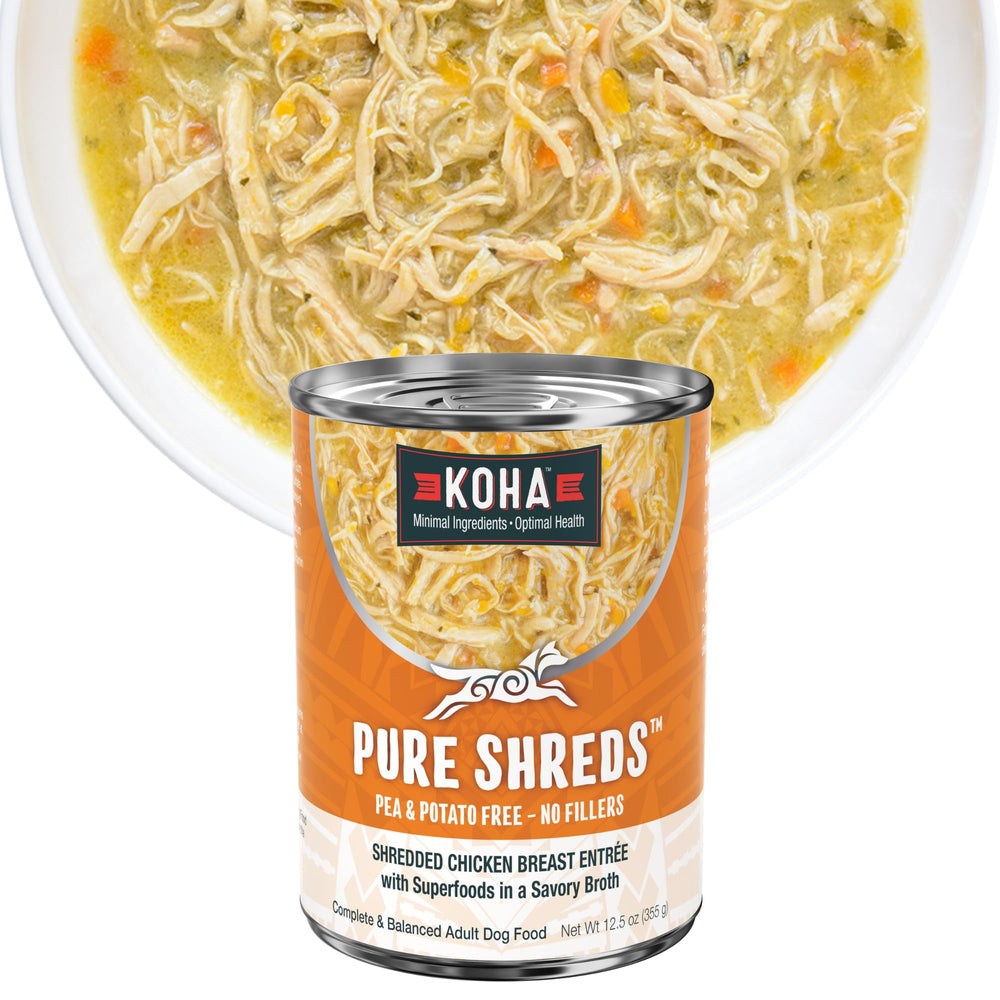 KOHA Pure Shreds poulet en entrée en boîte pour chiens, appétissant.