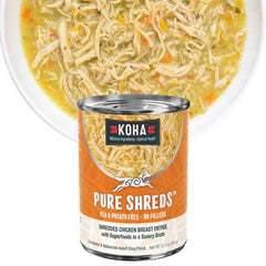 KOHA Pure Shreds poulet en entrée en boîte pour chiens, appétissant.