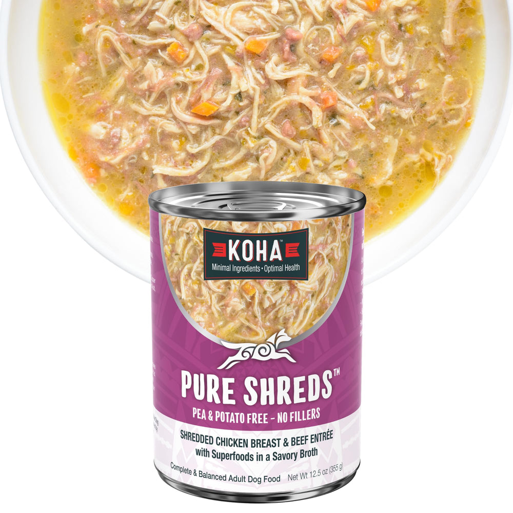 KOHA Pure Shreds texture émiettée poulet et boeuf, repas sûr pour estomacs sensibles.