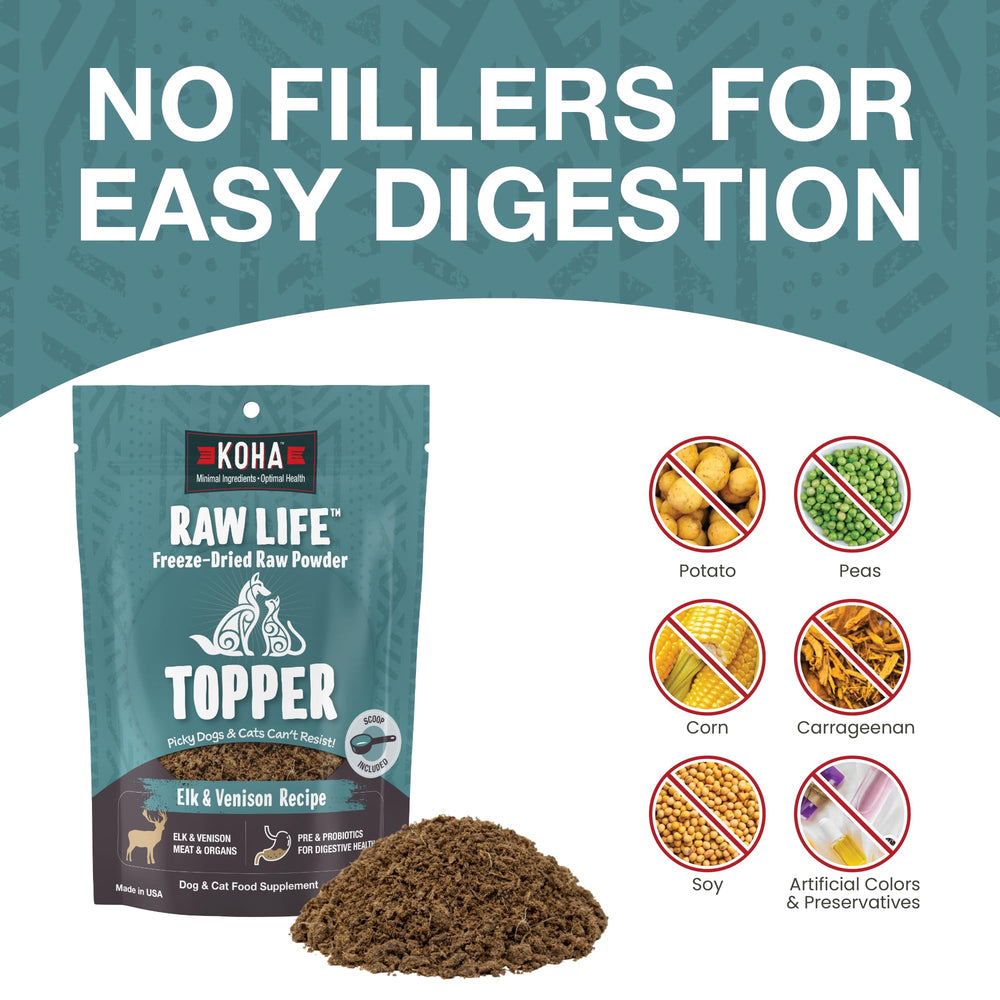KOHA Raw Life Topper cerf et venaison dans le bol, repas plus attrayants.
