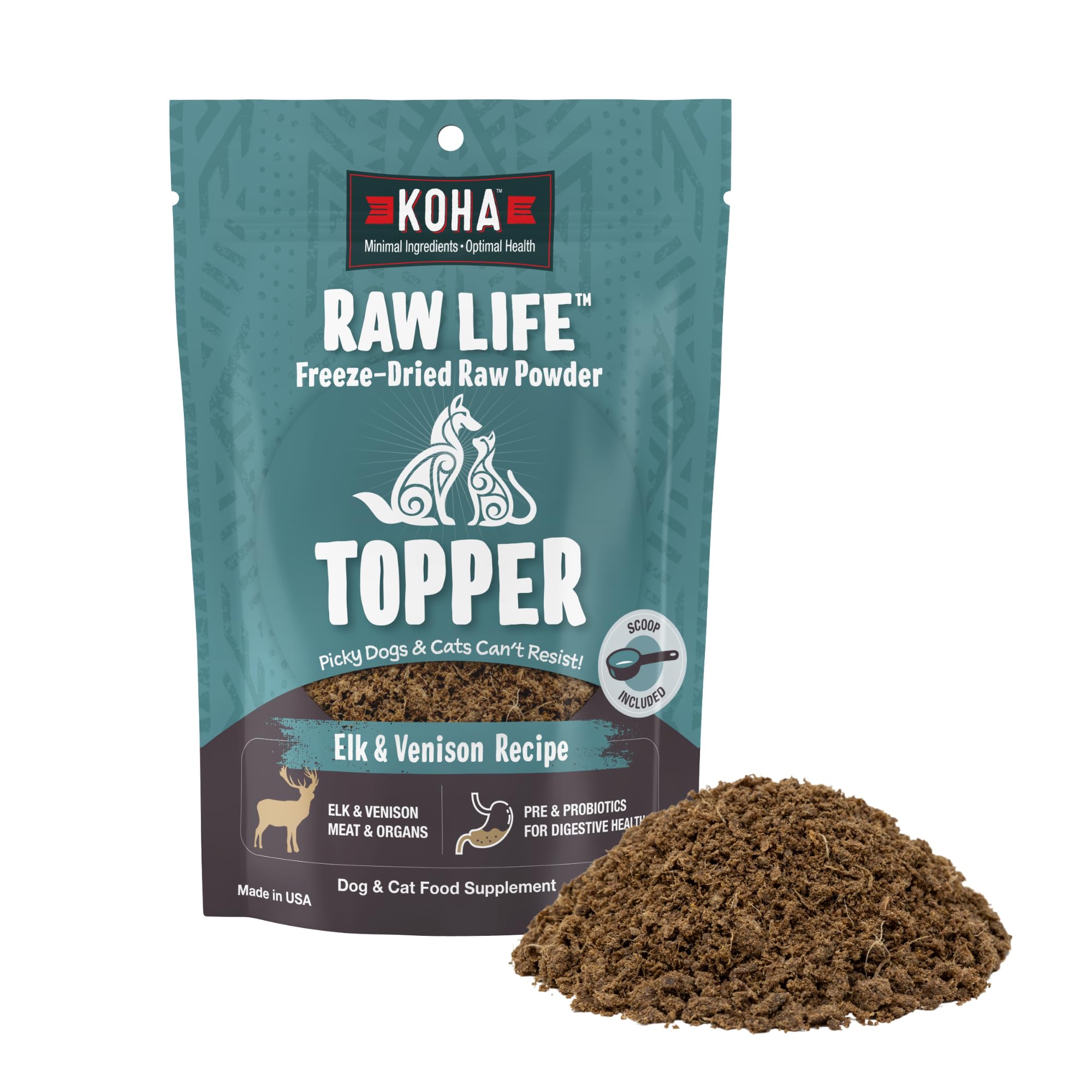 KOHA Raw Life Topper cerf et venaison en emballage, pratique et prêt à l'emploi.