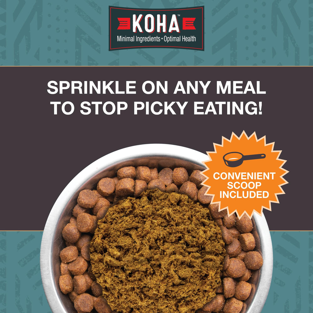 KOHA Raw Life Topper cerf et venaison versé sur nourriture, repas plus appétissants.