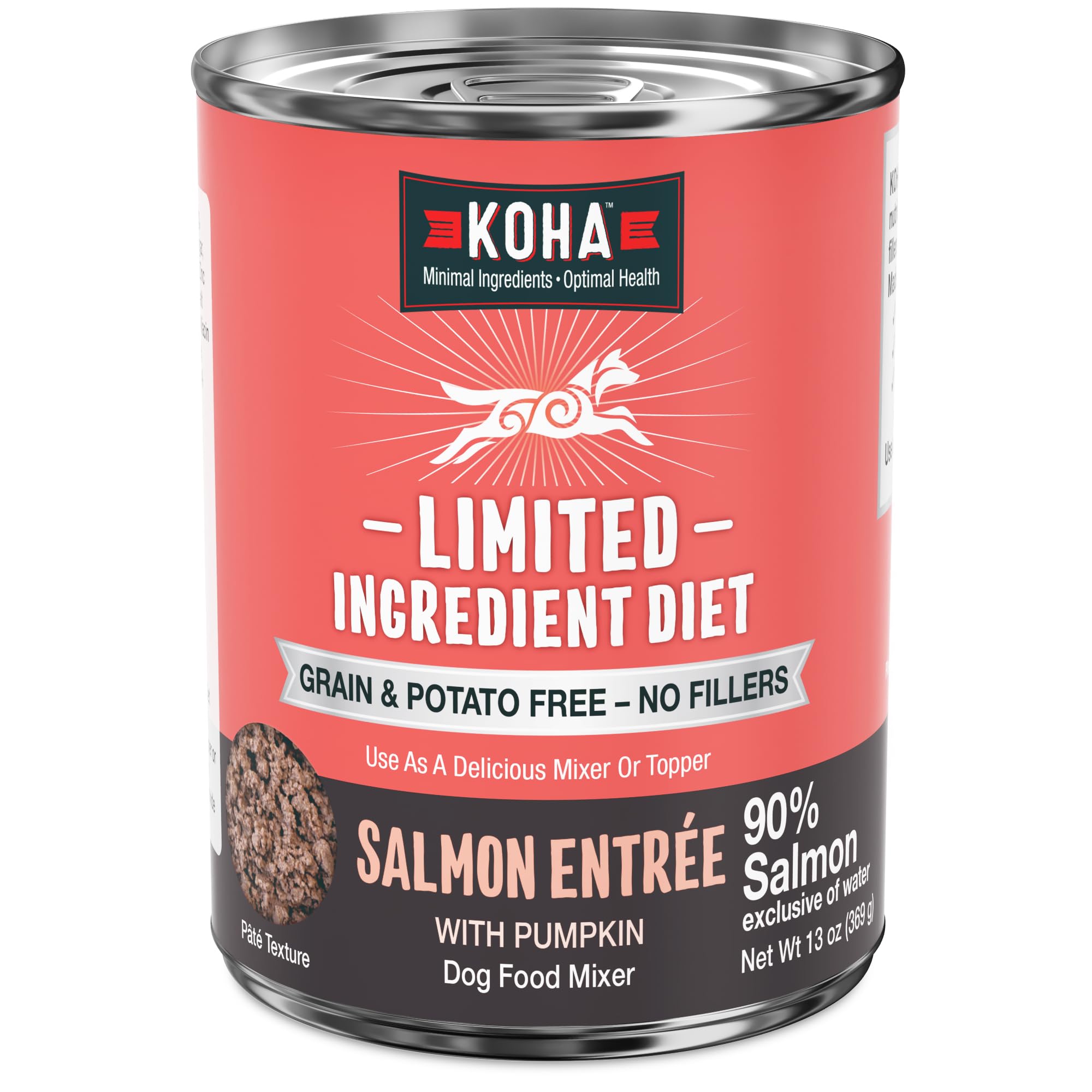 KOHA saumon entrée pate, conserve ouverte, présentation appétissante pour chiens sensibles.