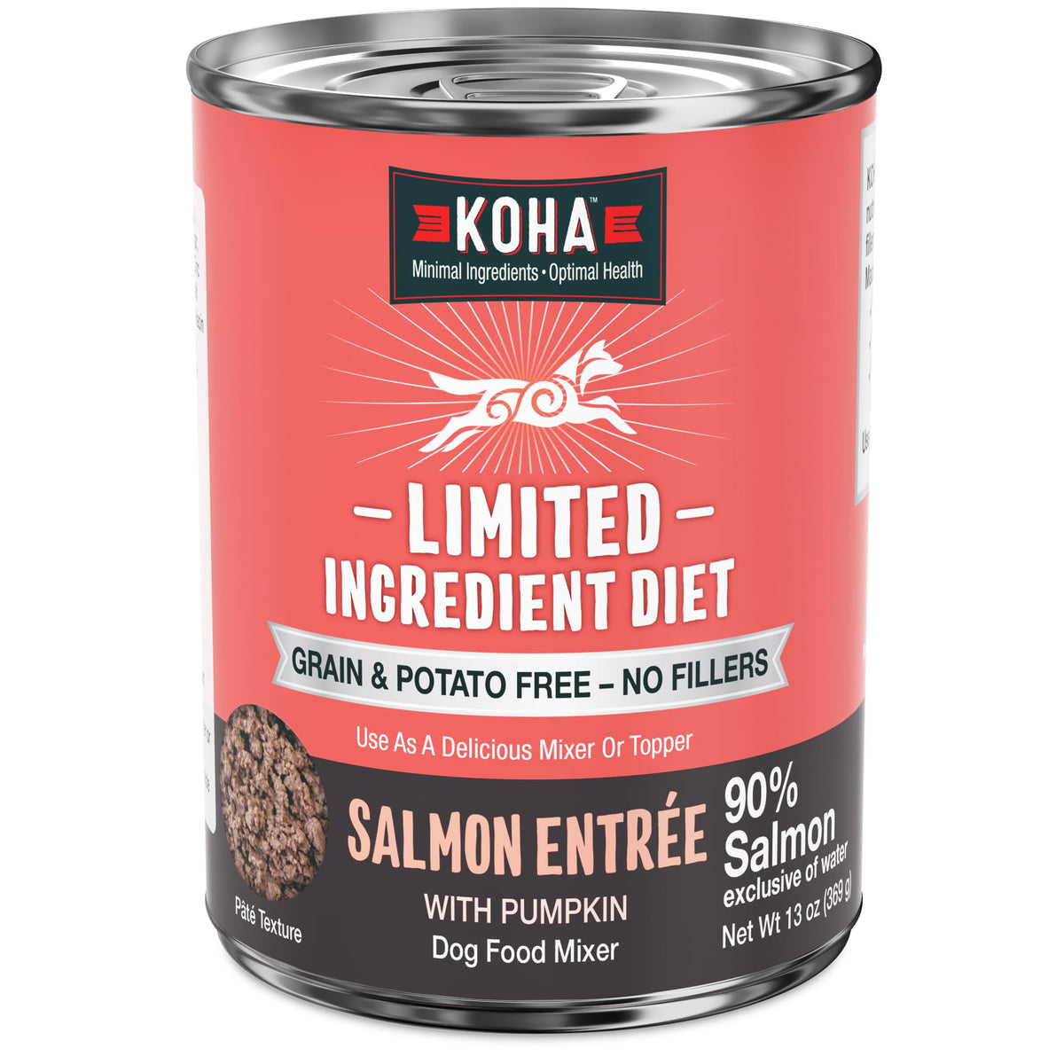 KOHA saumon entrée pate, conserve ouverte, présentation appétissante pour chiens sensibles.