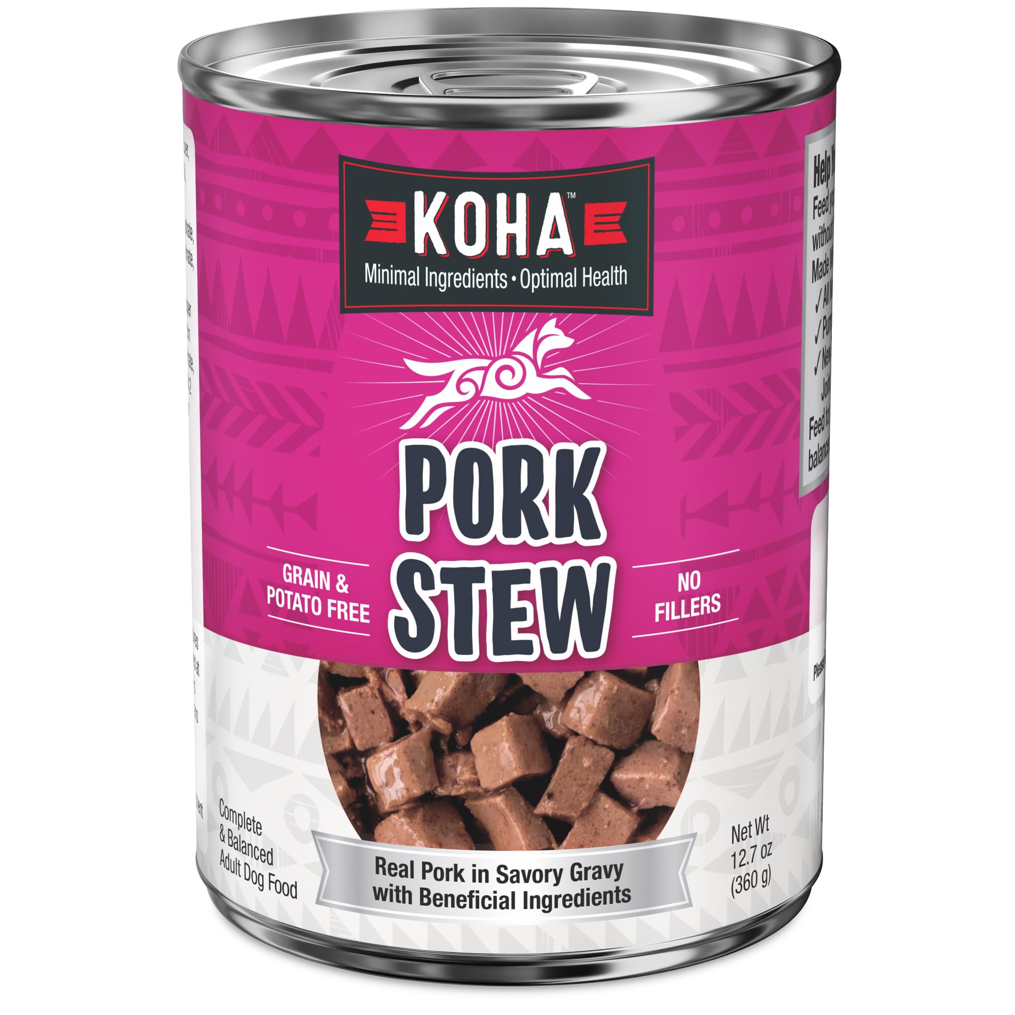 KOHA mijoté porc en boîte, ingrédients minimaux pour chiens sensibles.