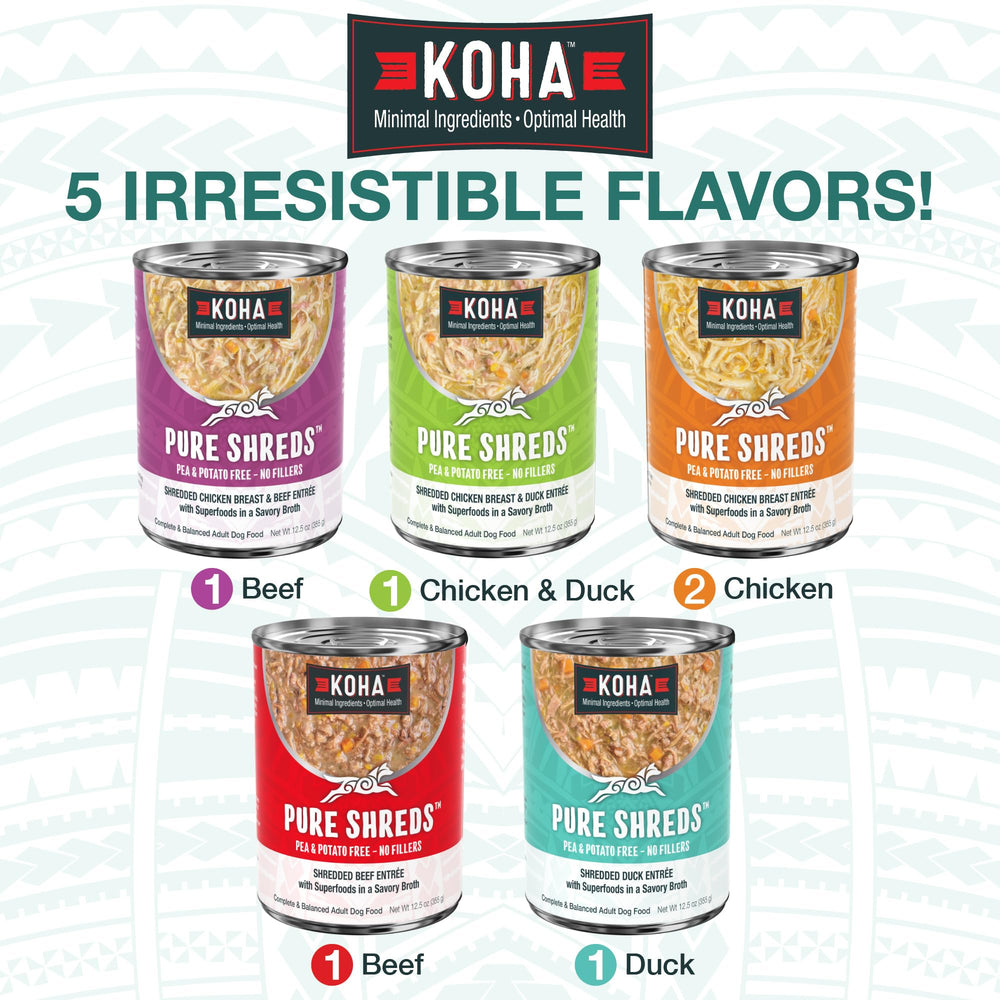KOHA Pure Shreds poulet : protéines élevées et texture facile à mâcher pour chiens actifs.