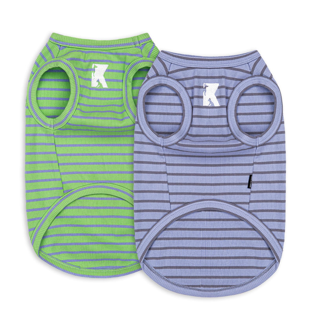 Chemise Koneseve sans manches violet et verte, confort estival pour chien.