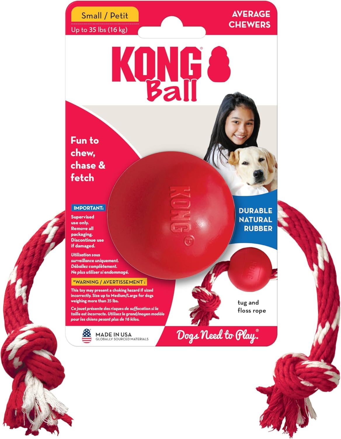 KONG Ball avec corde rouge, parfait pour les petites races et les sessions de ramassage.