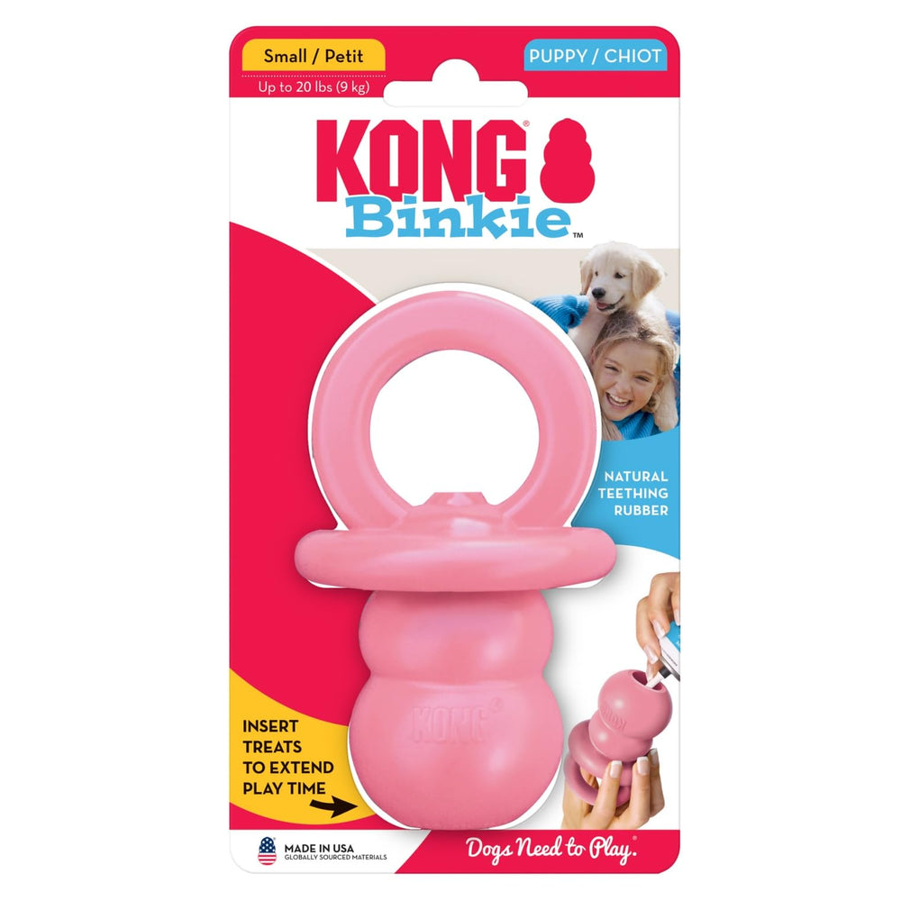 KONG Puppy Binkie rose, fabriqué aux États‑Unis avec matériaux sourcés mondialement.