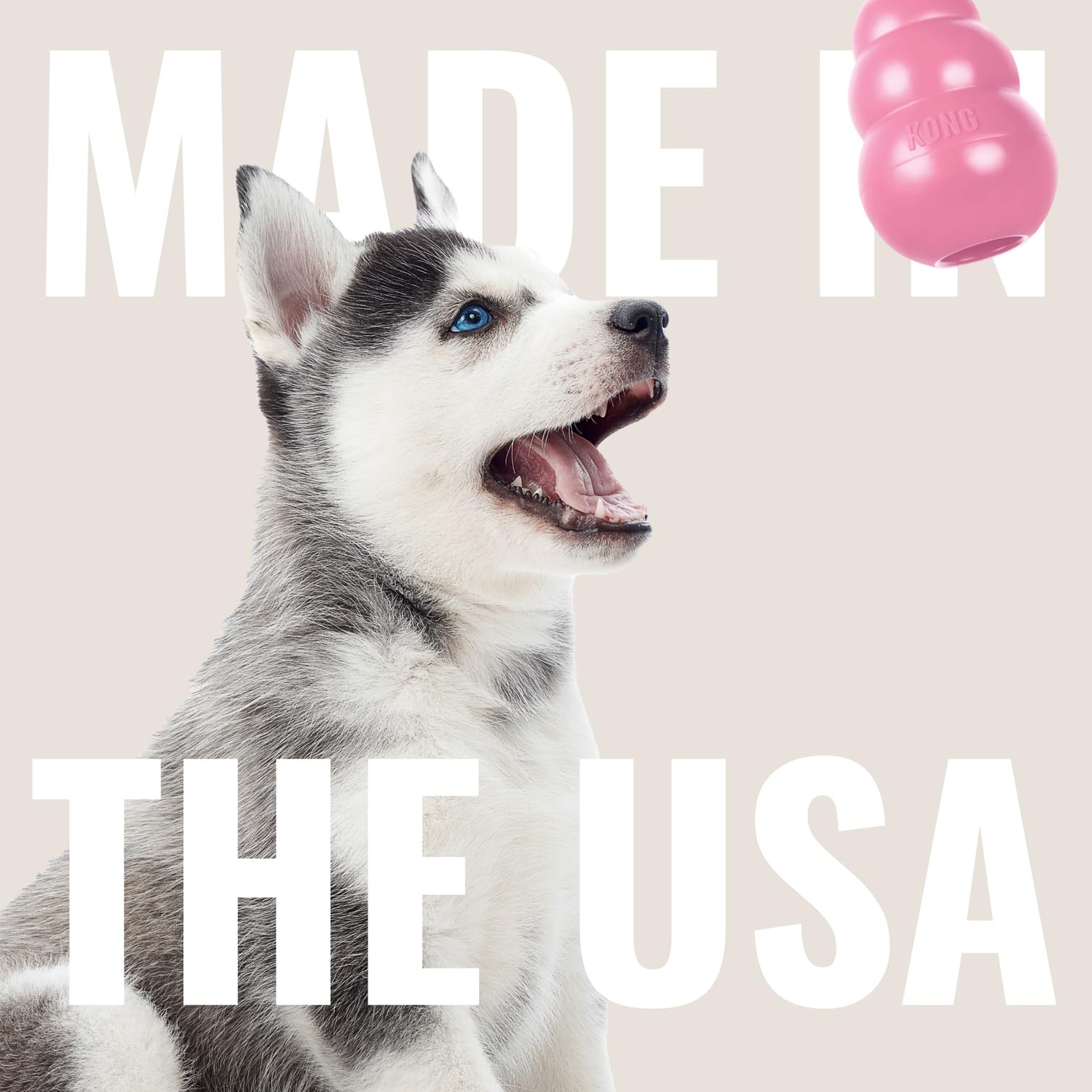 KONG Puppy fabriqué aux États‑Unis avec des matériaux sourcés mondialement.