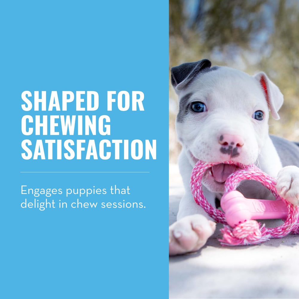 KONG Puppy Goodie Bone rose avec corde, parfait pour des sessions de mastication.