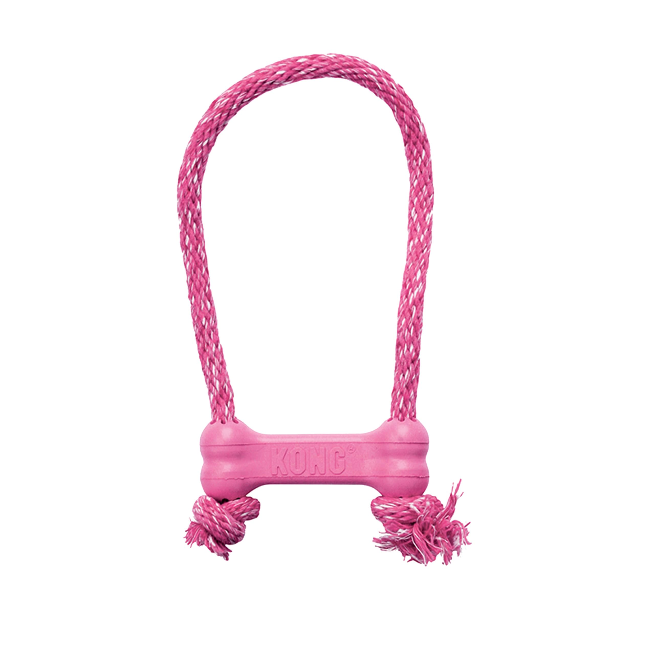 KONG Puppy Goodie Bone rose avec corde, stimule la dentition et divertit le chiot.