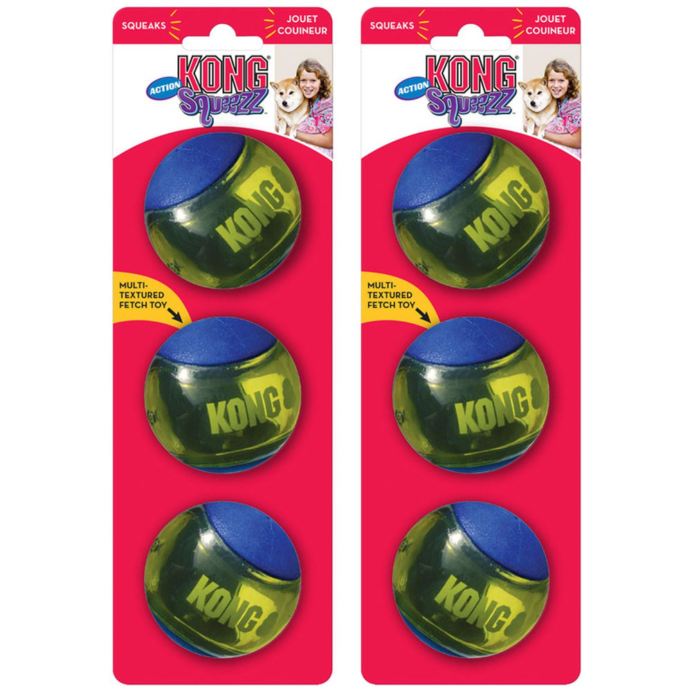 KONG Squeezz Action Ball, vue d’ensemble du jouet, idéal pour lancer, rebondir et mâcher.