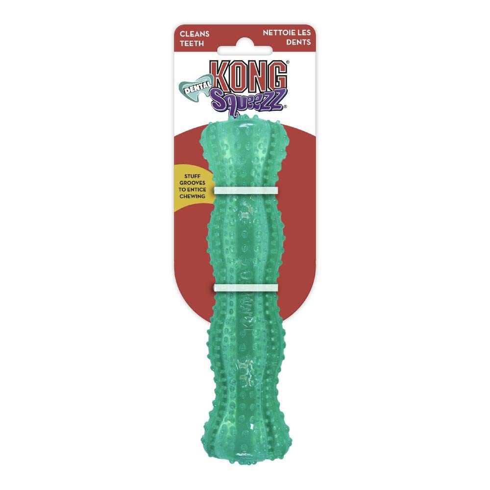 KONG Squeezz Dental Stick, remplissable avec EasyTreat pour prolonger le jeu.