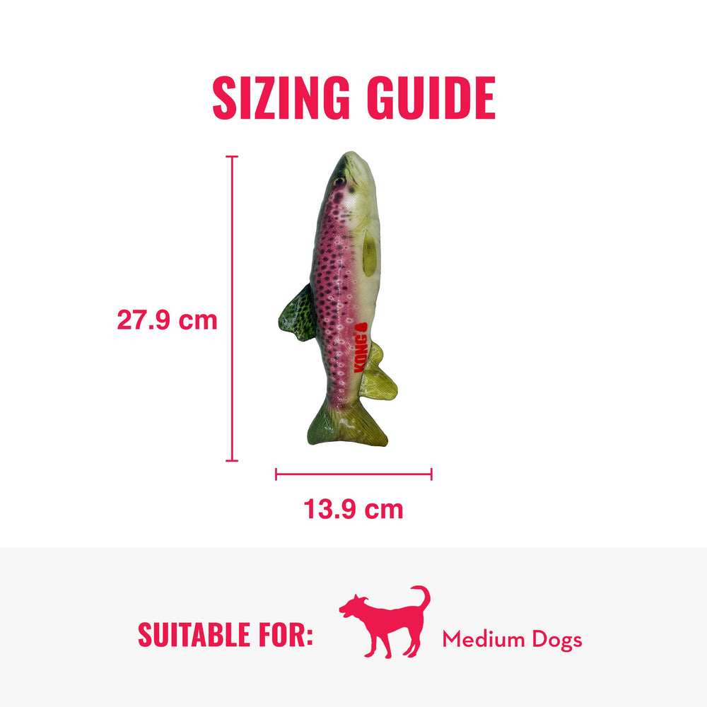 Jouet poisson-truite Kong Wild Shield à scellage triple, robuste et sûr.