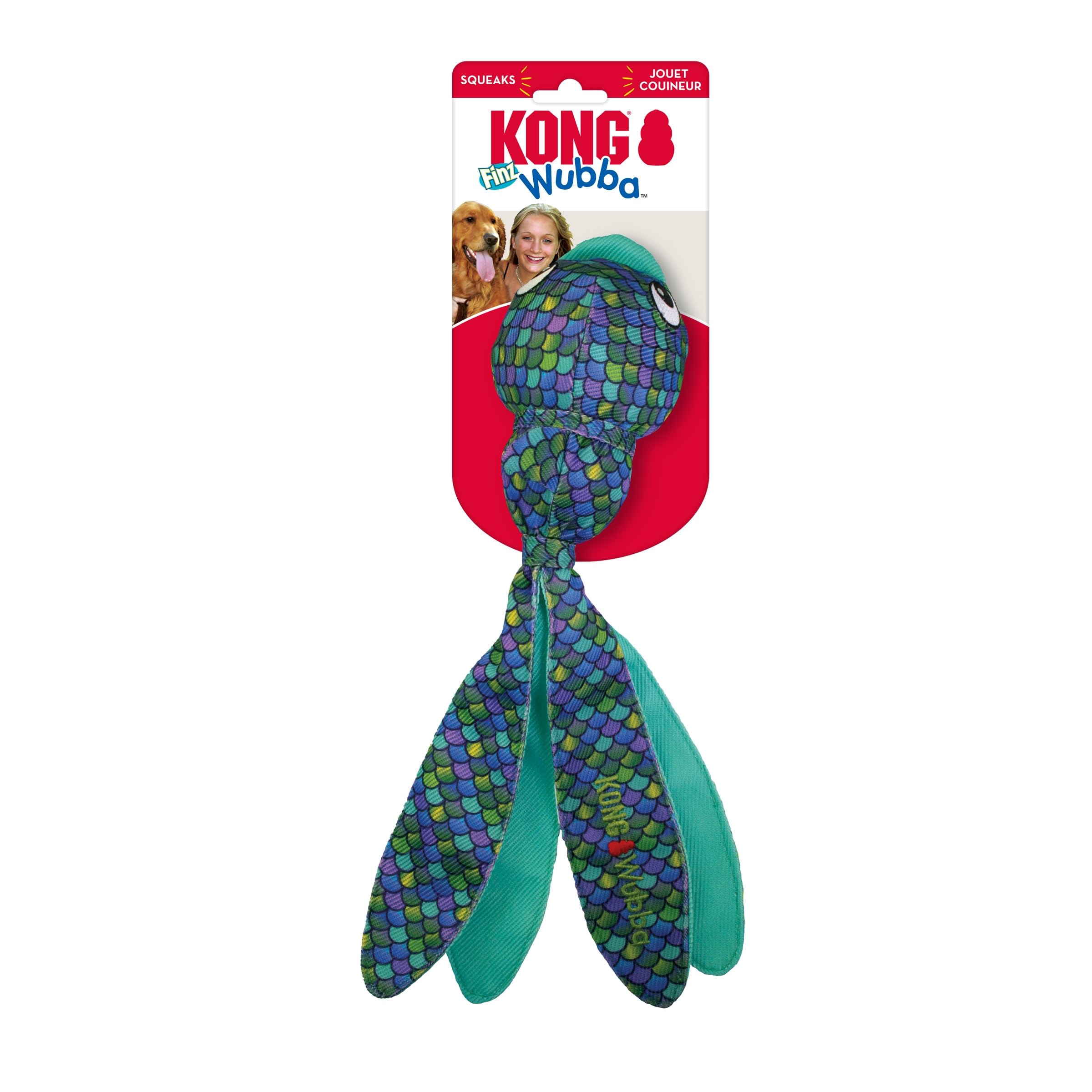 KONG Wubba Finz Bleu LG – balles internes qui rebondissent et crissent pour attirer l’attention.