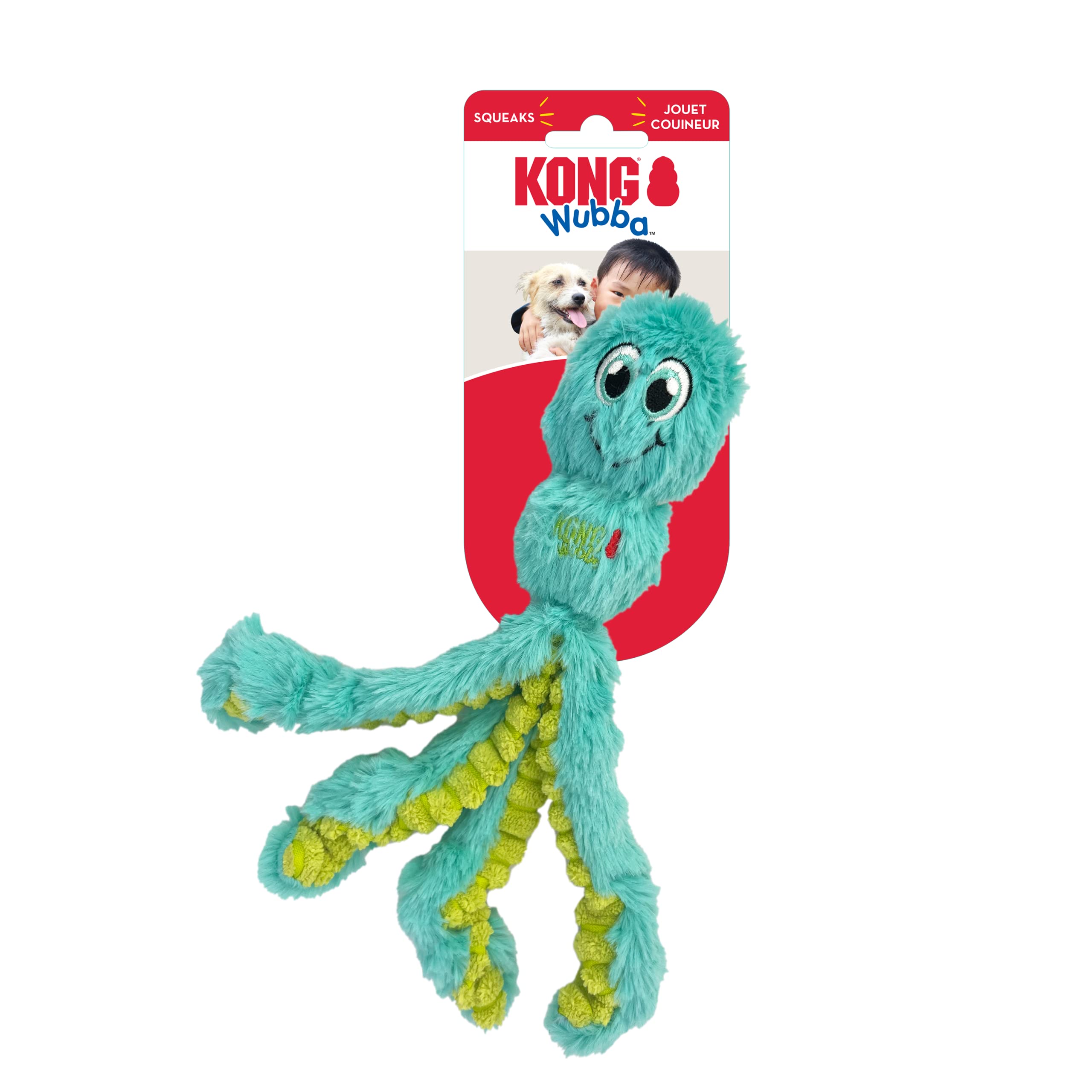 KONG Wubba Pieuvre avec sifflet intégré prolongeant le divertissement.