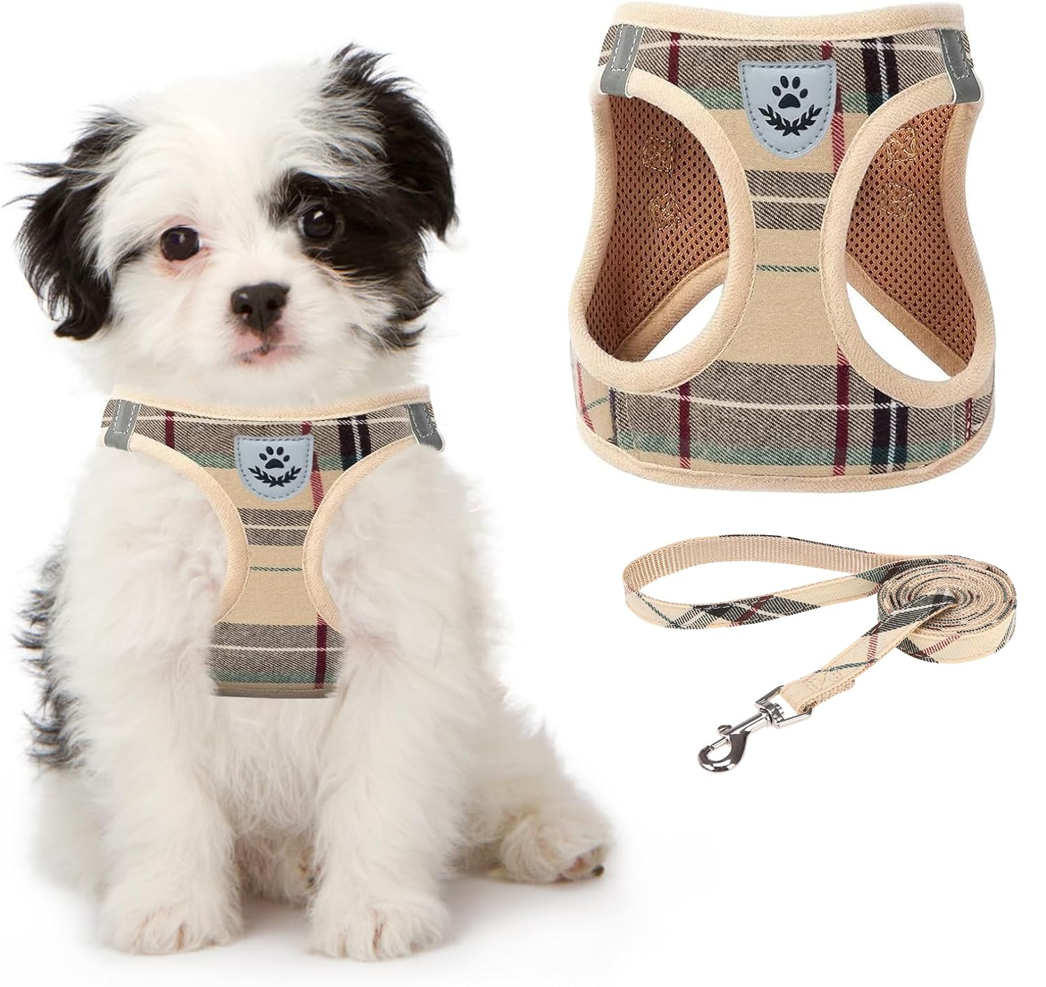 KOOLTAIL harnais-chien à carreaux beige pour balades confortables et visibles.