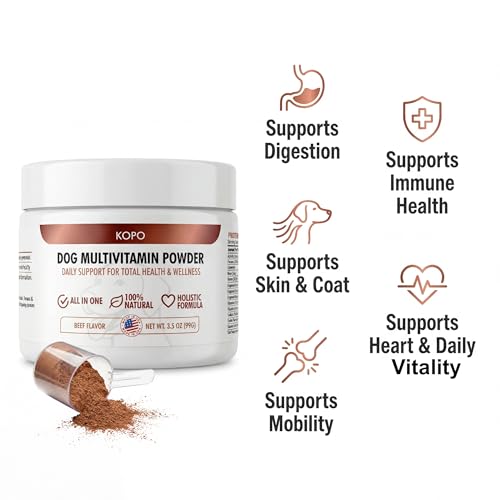 Kopo poudre multivitamine pour chien sur bol-nourriture, rehausse les repas.