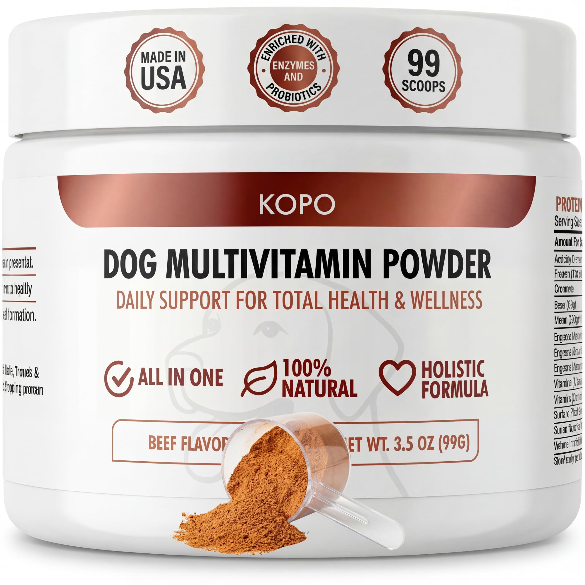Kopo poudre multivitamine pour chien, bouteille visible, soutien quotidien à l’énergie.