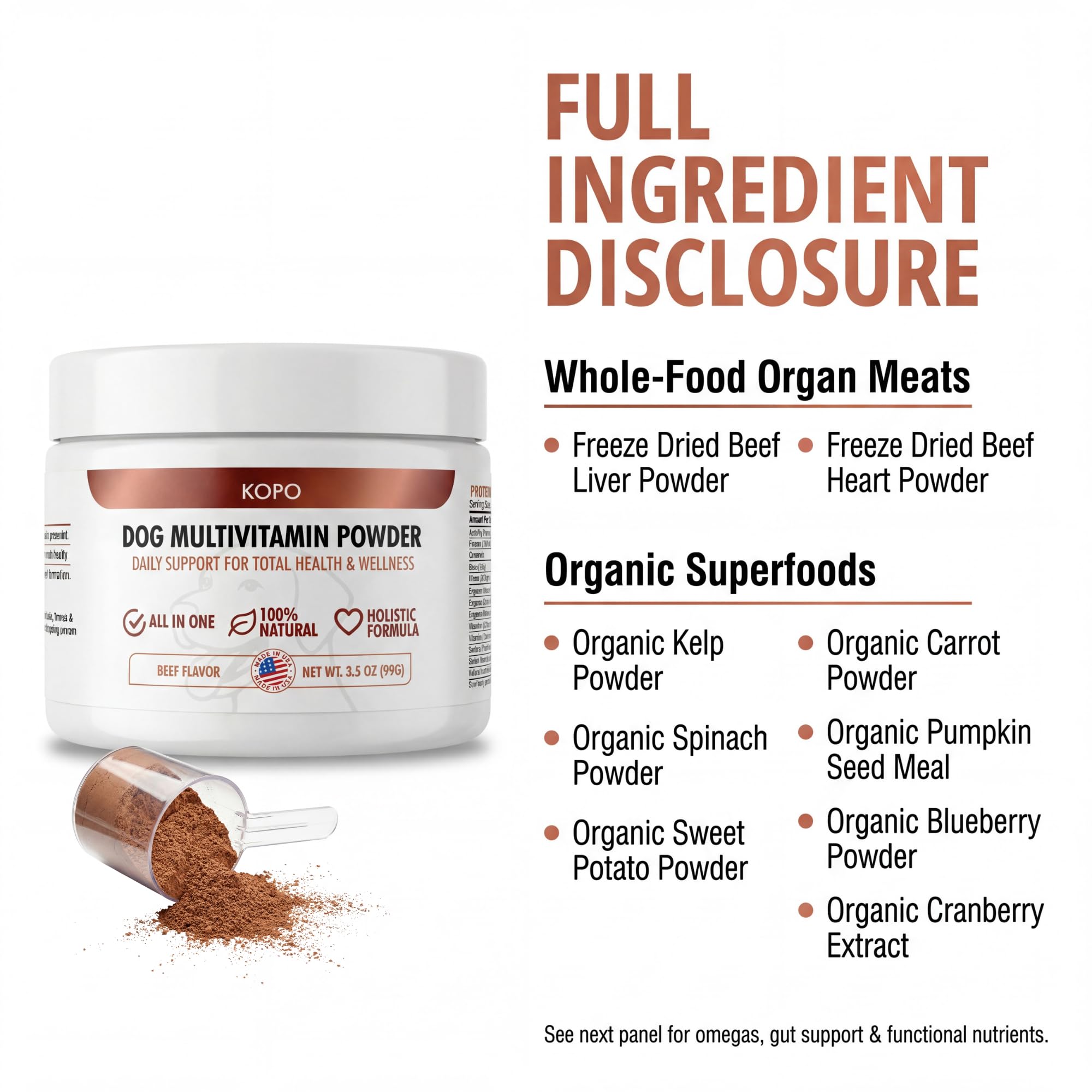 Kopo poudre multivitamine pour chien, ingrédients probiotiques pour digestion douce.
