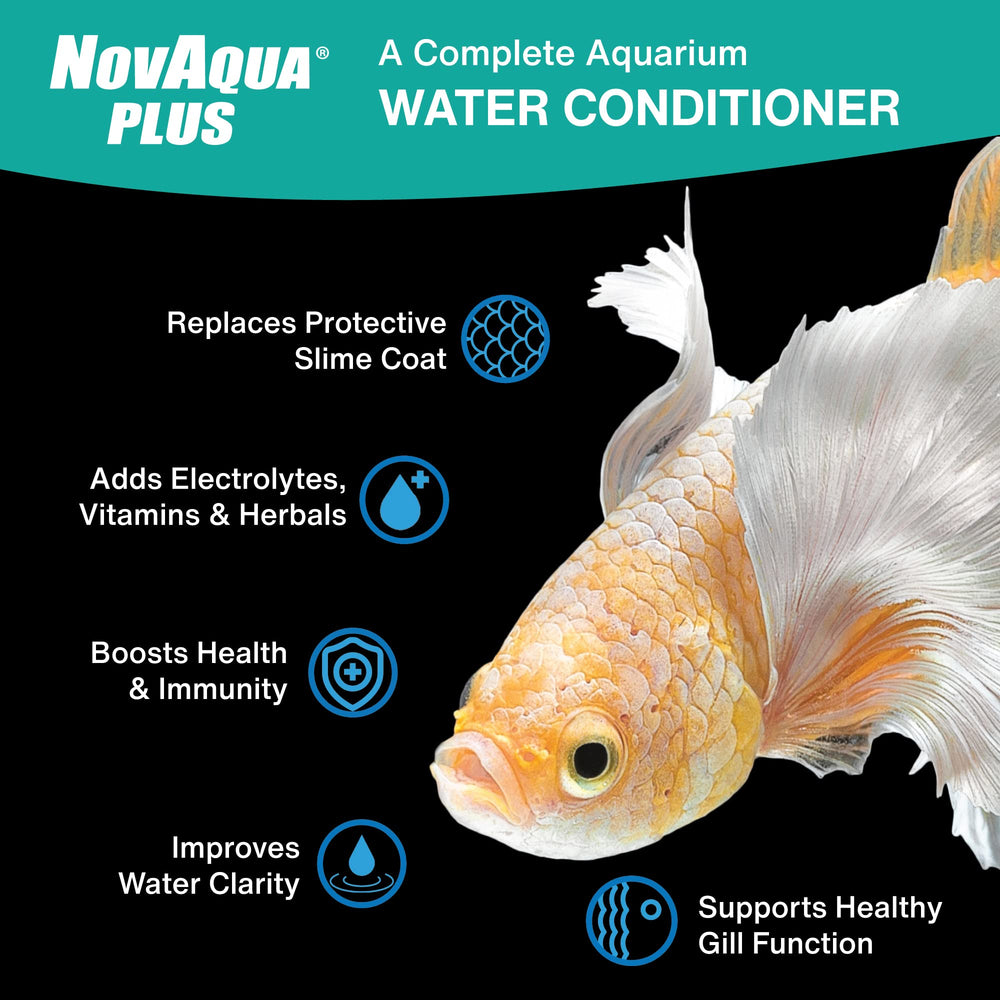 Novaqua Plus: immunitaires et vitamines pour poissons, flacon noir visible.