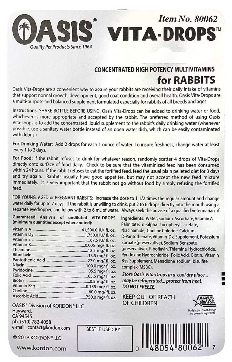 Pipette Kordon Oasis Vita, facile à ajouter dans l'eau du lapin.