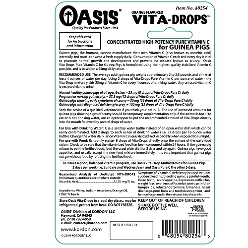 Kordon Oasis Vita-Drops: utilisation quotidienne dans l'eau du cochon d'Inde.