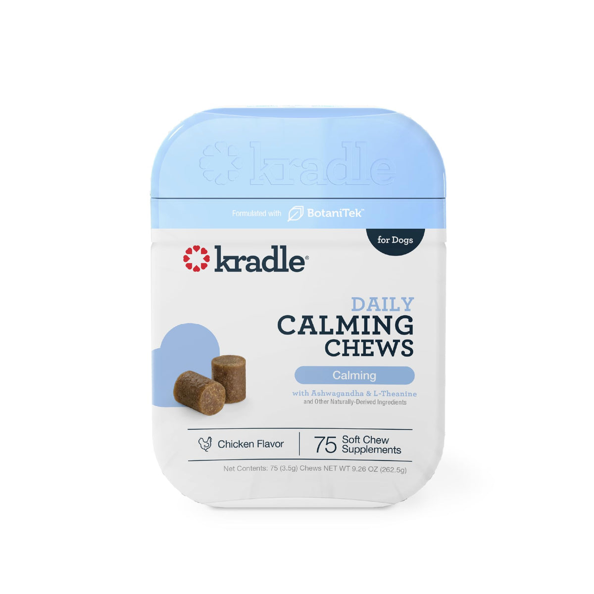Kradle friandises apaisantes pour chien, chien mangeant, soutien au calme.