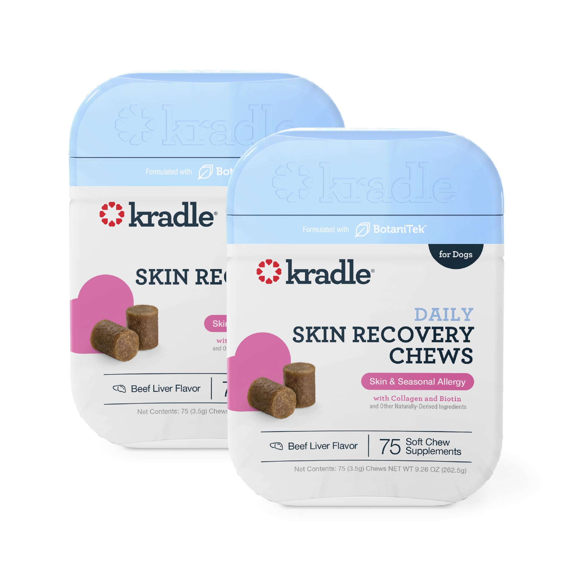 Kradle Skin Health Chews en flacon, soutien quotidien pour la peau canine.
