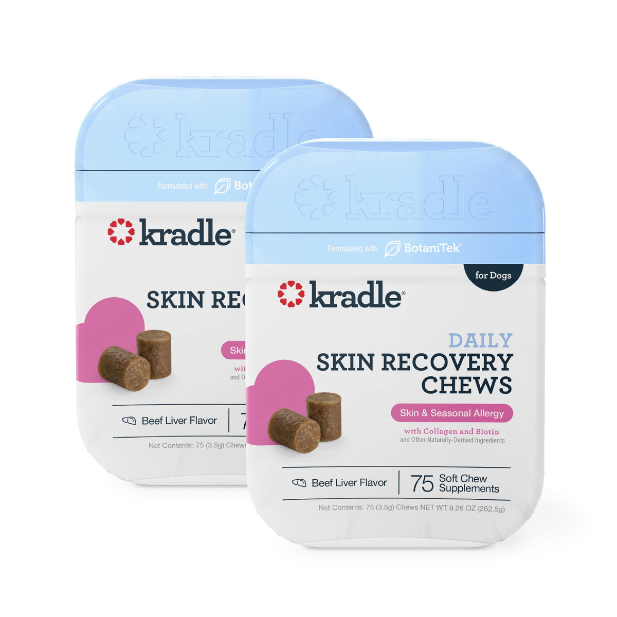 Kradle Skin Health Chews en flacon, soutien quotidien pour la peau canine.